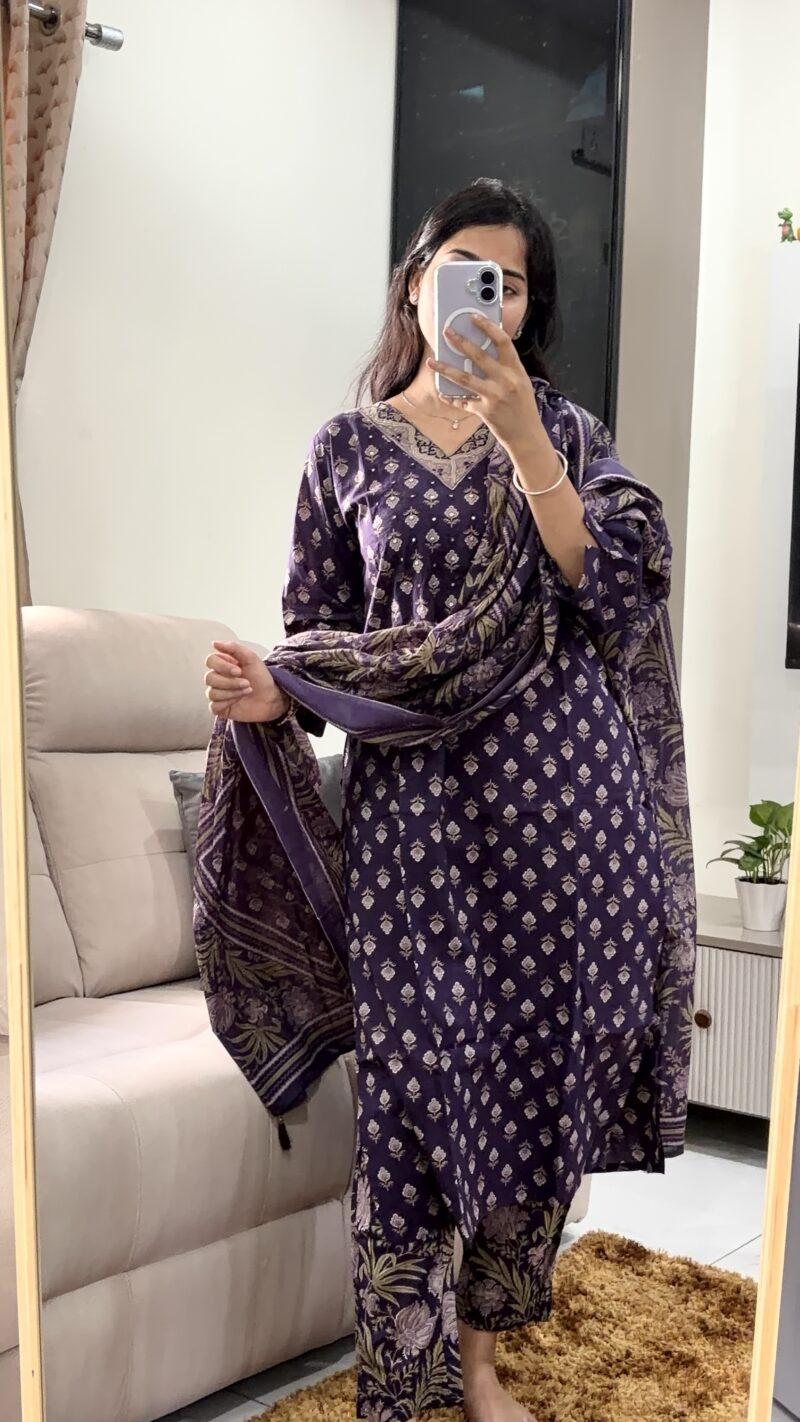 Premium Cotton Mirror worked Salwar Suit - Purple