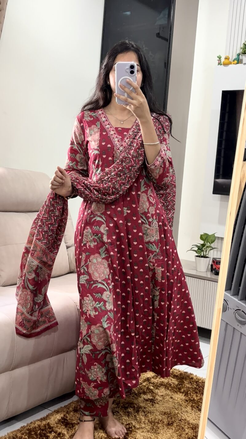 Premium Rose Pink Cotton Anarkali Suit with Dupatta