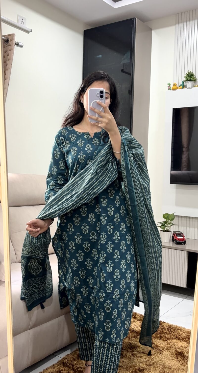 Premium Rama Blue Cotton Mirror Work Salwar Suit Set with Dupatta