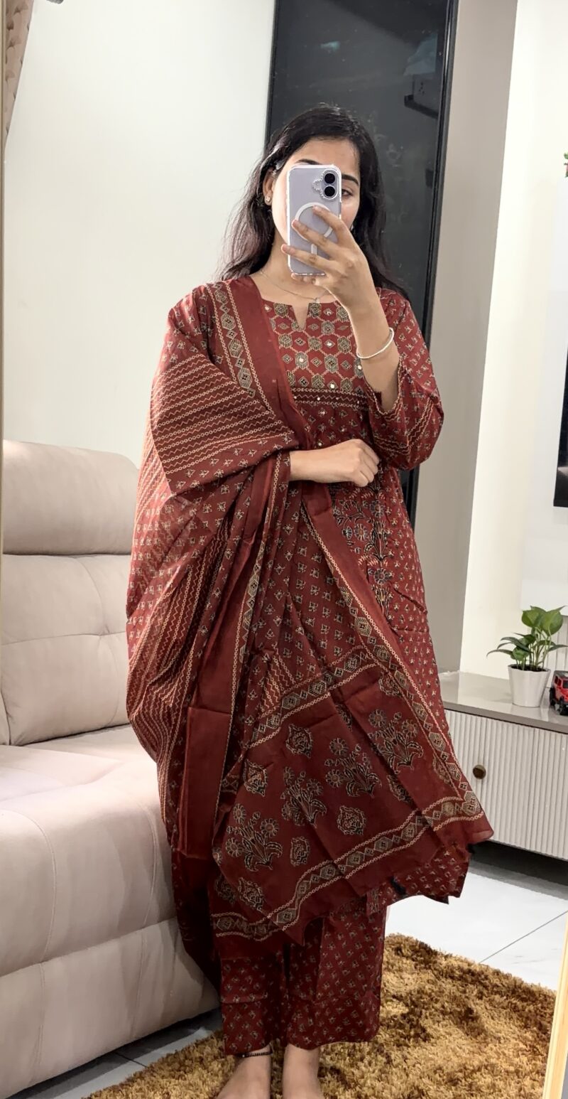 Premium Rust Red Mirror Work Cotton Salwar Suit with Dupatta