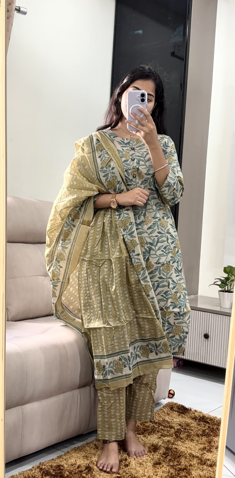 Premium Sage Green Floral Cotton Salwar Suit with Dupatta