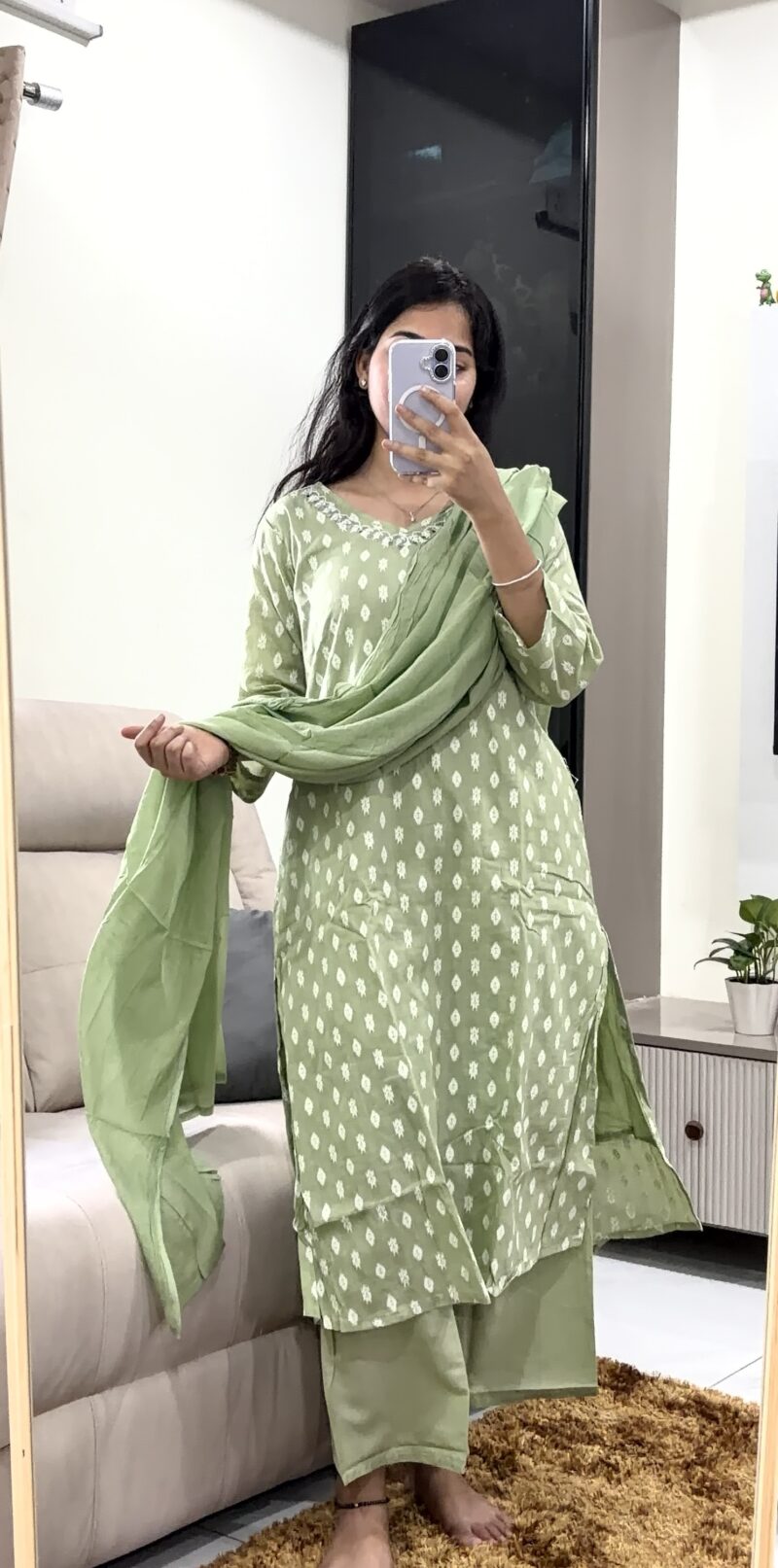 Premium Pista Green A-Line Cotton Salwar Suit with Dupatta