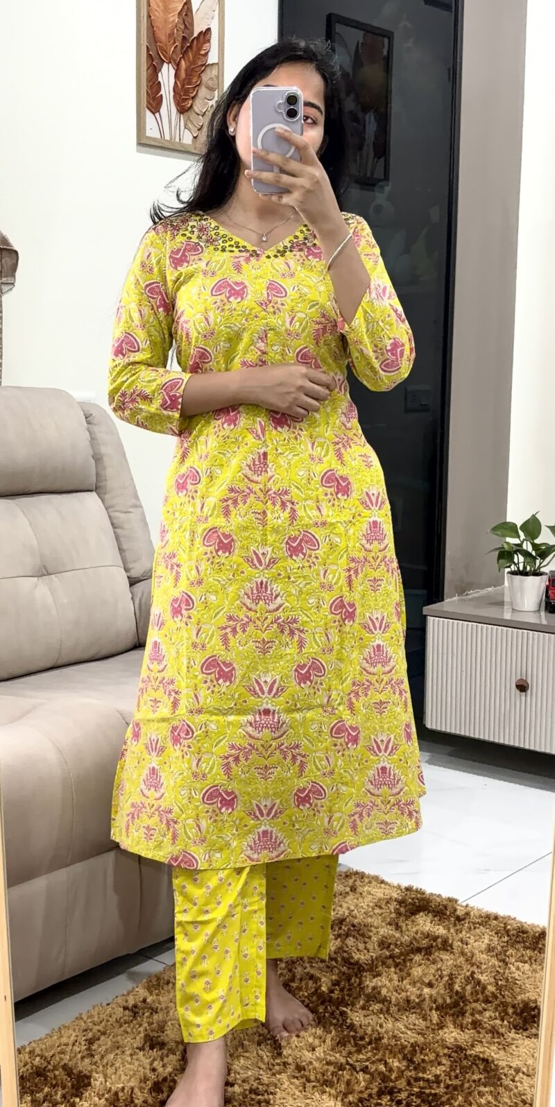 Premium Lime Yellow Cotton A-Line Kurti Pant Set