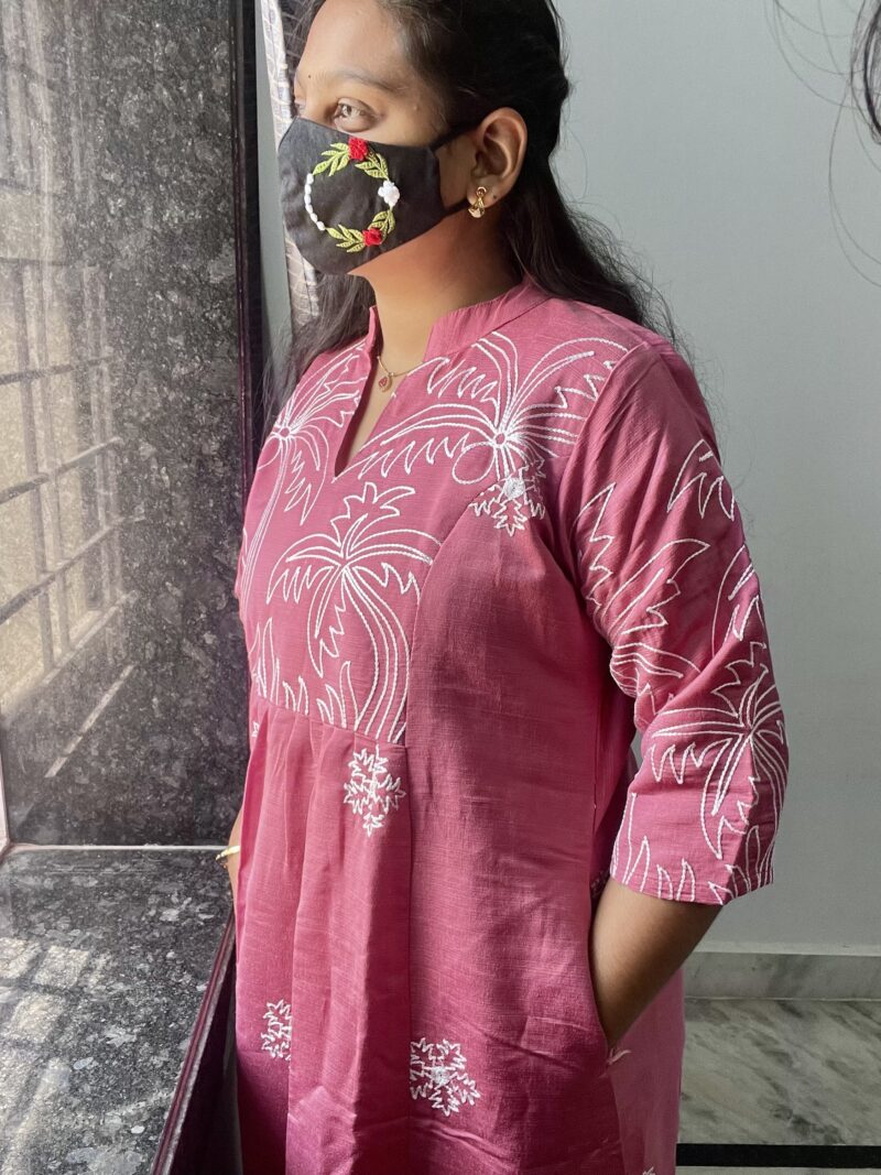 Premium A-line Embroidery Frock- Peach Pink