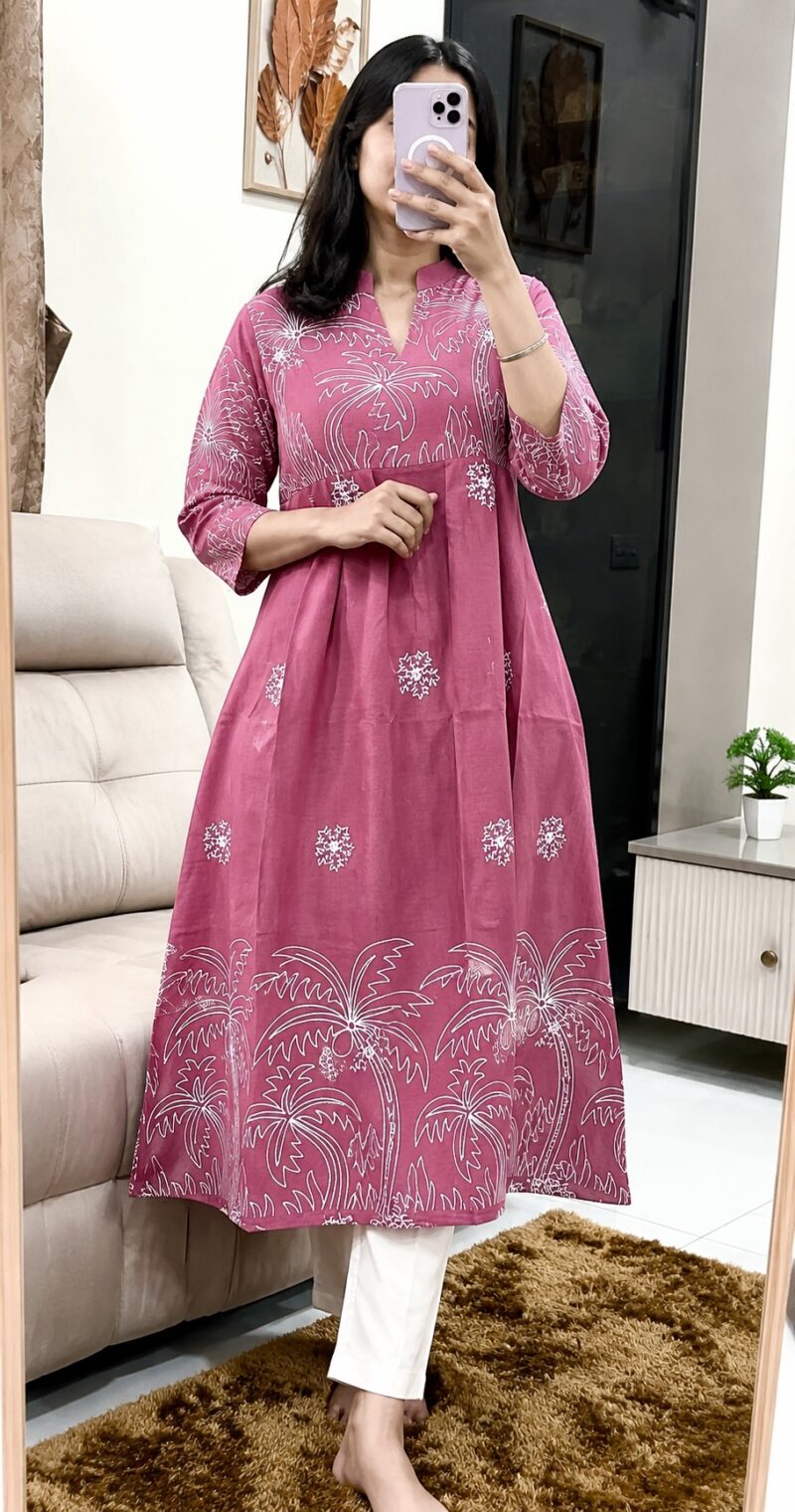 Premium A-line Embroidery Frock- Peach Pink