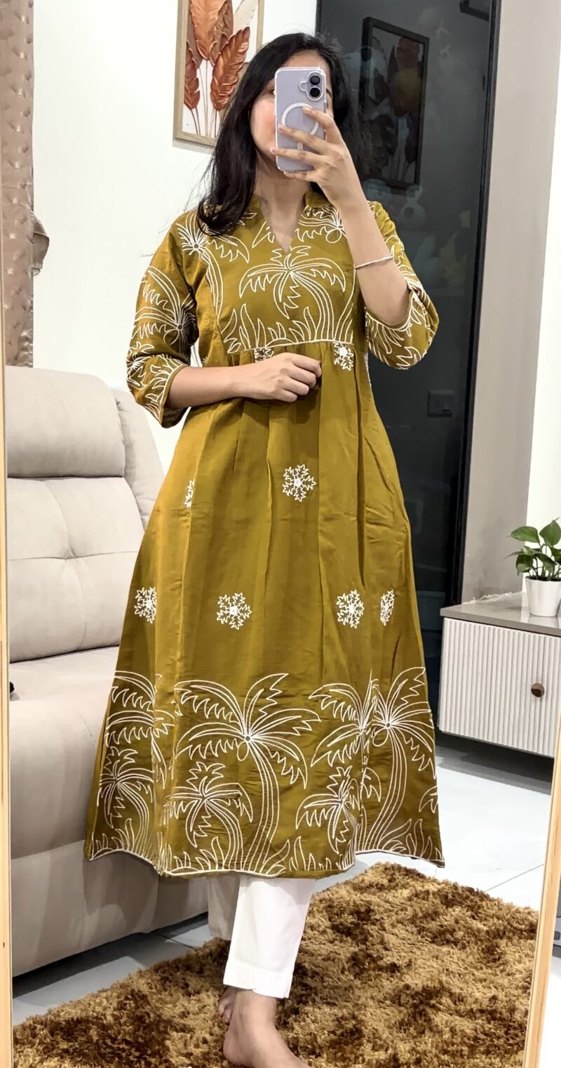 Premium A-line Embroidery Frock- Mustard yellow