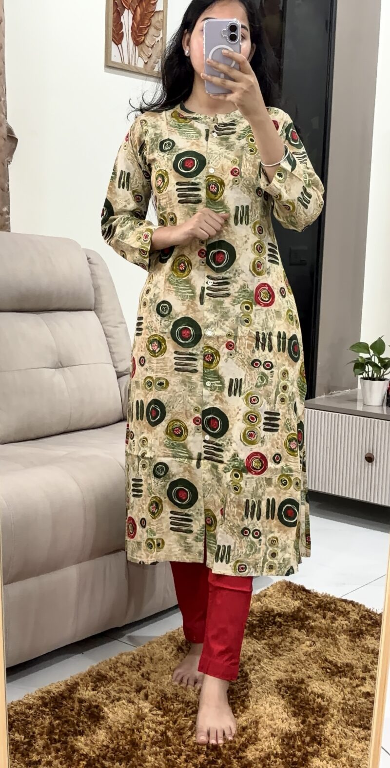 Premium Beige Abstract Print Viscose Modal A-Line Kurti with Pocket