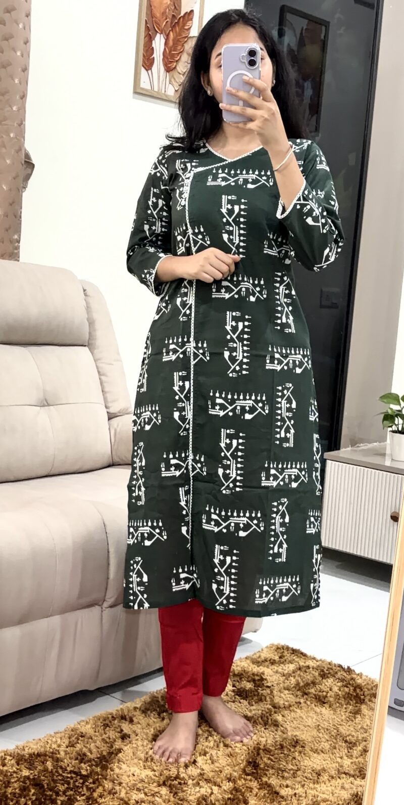 Angraka Dark Green Cambric Cotton Straight Kurti