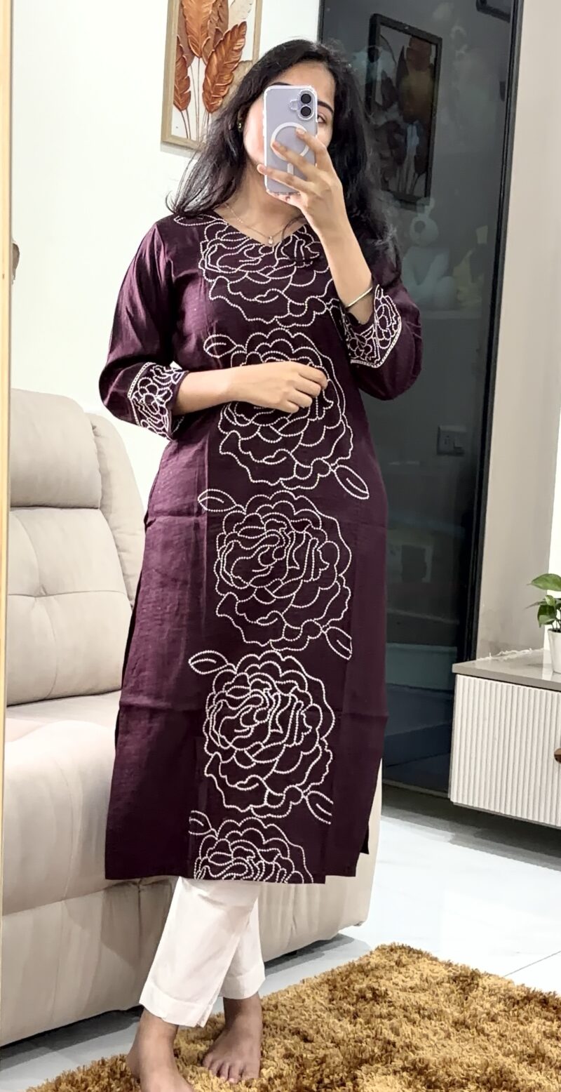 Premium Wine Bamboo Silk Embroidered Straight Kurti