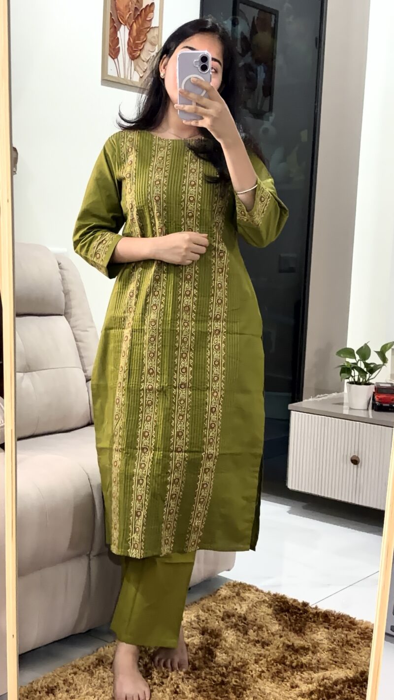 Premium Olive Green Dabu Cotton Pintex Kurti Palazzo Set