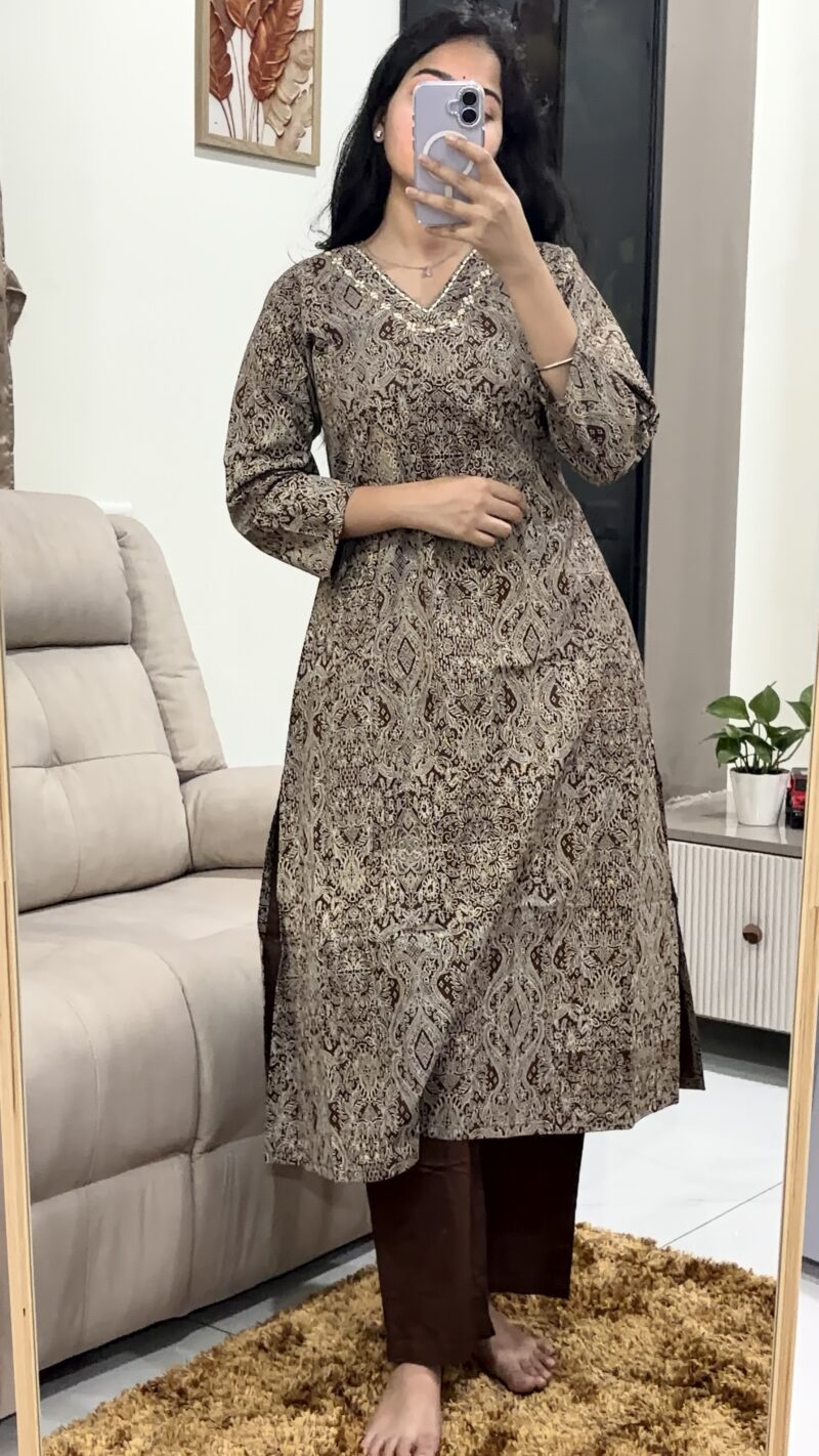 Premium Brown Dabu Cotton A-Line Kurti Pant Set