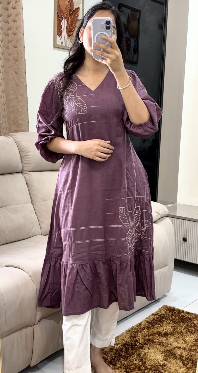 Plum Cotton Embroidered A-Line Kurti with Pocket