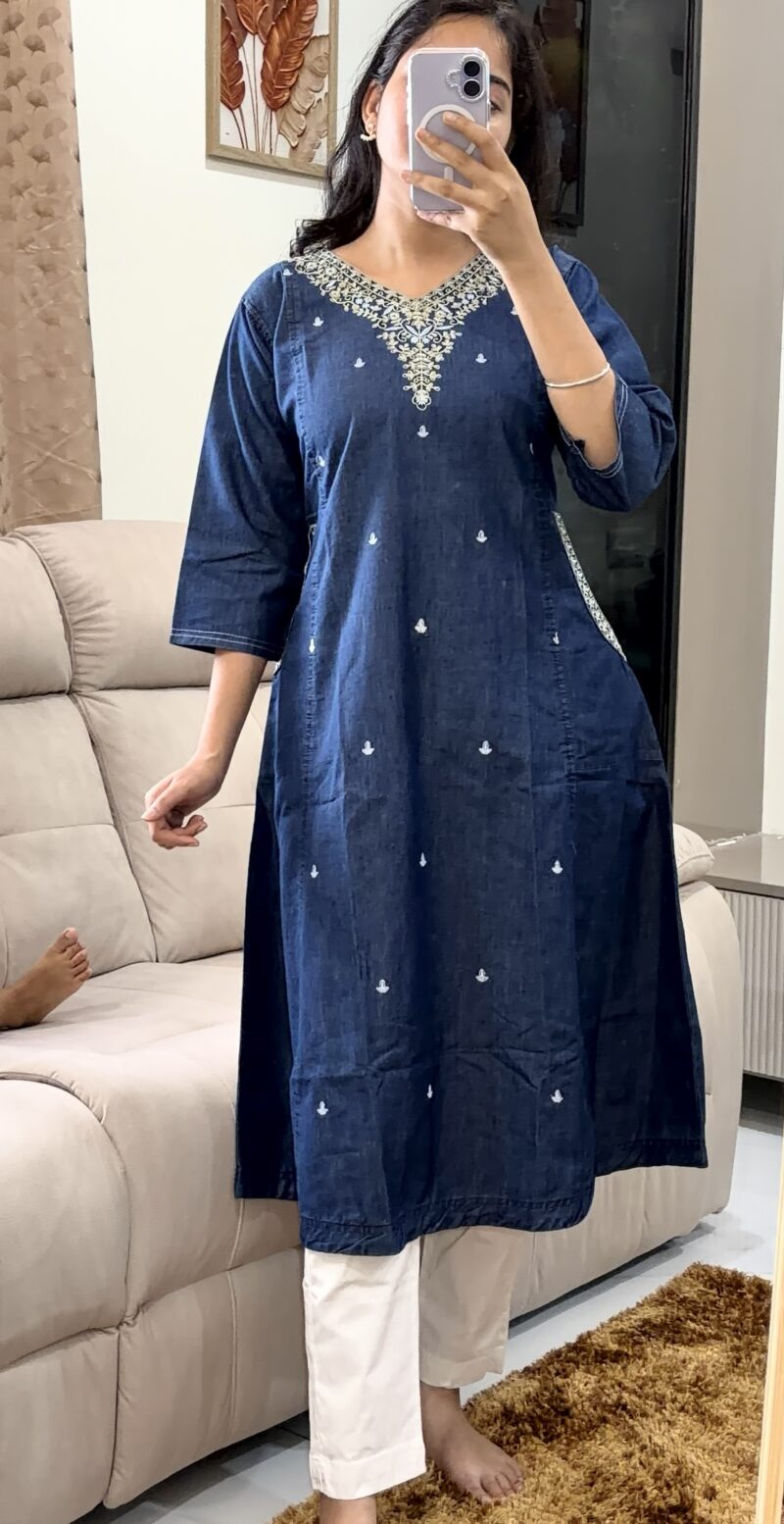 Denim Embroidered A-Line Kurti