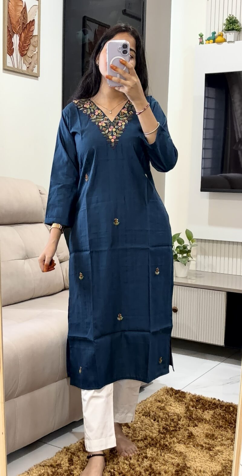 Teal Blue Handwork Embroidered Straight Kurti