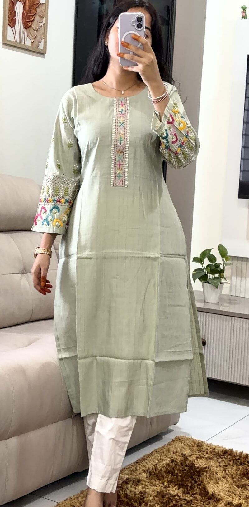 Sage Green Handwork Straight Kurti